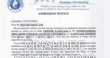 Nguyễn Ngọc Tân nhận được thư mời học của trường Đại học Quảng Tây